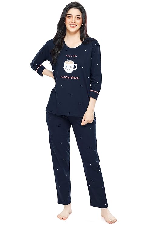 ZEYO Night Suit for Women, Printed Cotton Night Dress Top and Pajama Set