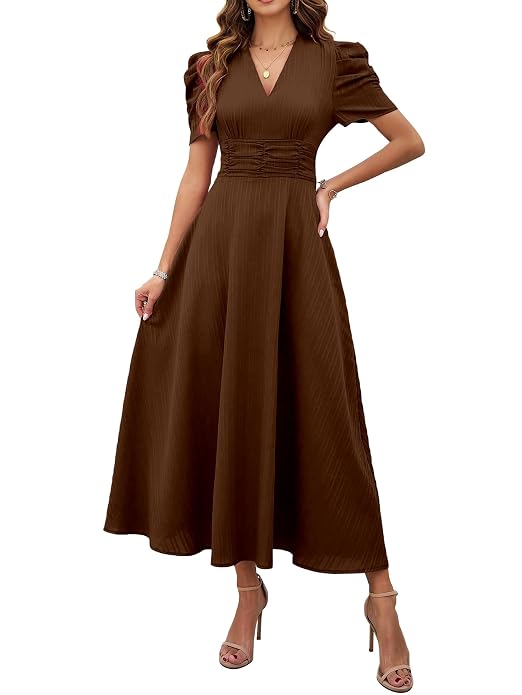 Shasmi Girl's & Women's Solid Color V-Neck A-Line Maxi Dress for Women | New Year Party Outfit | Waist Cinched Puff Sleeve Western | Elegant Casual Wear (Dress 246)