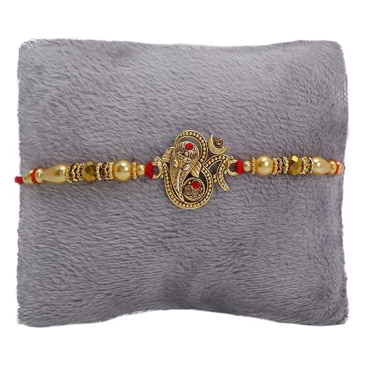 Riddhika Ventures Glorious Gold Plated Auspicious OM and Diamond Ring Rakhi with Roli Chawal and Greeting Card