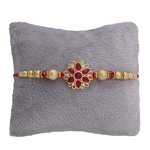 Riddhika Ventures Alluring Gold Plated Floral and Pearl Rakhi (Bracelet) with Roli Chawal & Greeting Card