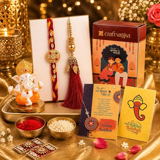 CraftVatika Rakhi Gift for Brother Bhabhi with Showpiece Combo Gift- Kundan Rakhi, Red Floral Lumba Rakhi for Brother Bhabhi with Figurine