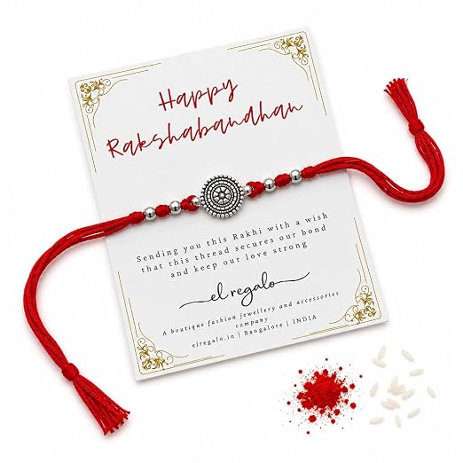 El Regalo 1PC Simple Red Thread Rakhi for Brother- Minimalist Antique German Silver Charm Rakhi with Roli Chawal, Rakhi Message Card