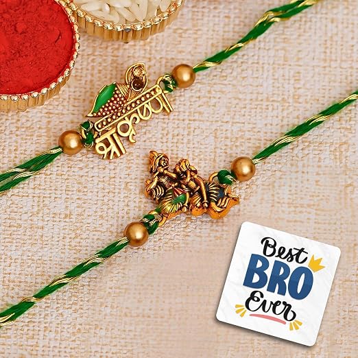 eCraftIndia Set of 2 Green & Golden Shri Krishna and Radha Krishna Playing Flute Designer Religious Rakhis, Best Bro Ever Fridge Magnet with Roli Chawal Pack - Rakhi for Brother, Bhaiya, Bhai