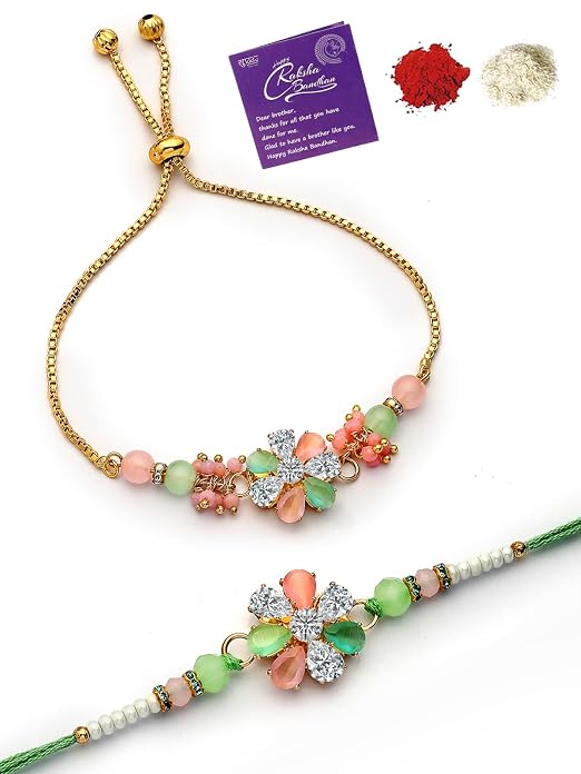 Sukkhi Rakhi Most Beautiful Floral with Gold Plated Rakshabandhan Combo Lumba Rakhi for Bhiaya Bhabhi Brother with Roli Chawal & Greeting Card|Set of 2