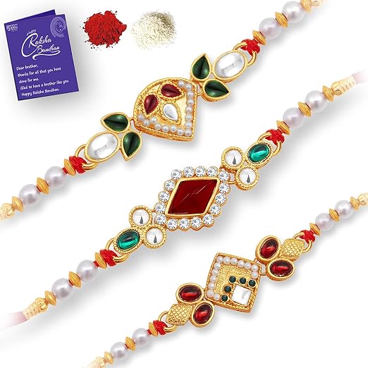 Sukkhi Rakhi for Brother Pretty Kundan Combo & Designer Gold Plated with Roli Chawal & Greeting Card|Set of 3