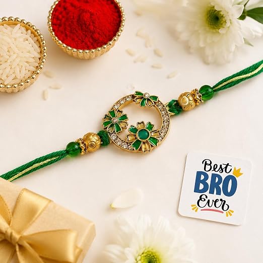 eCraftIndia Golden Green Beautiful Flowers Designer Rakhi for Brother With Gift Combo Set | Raksha Bandhan Rakhi for Bhai Bhaiya Bhabhi | Best Bro Ever Fridge Magnet | Roli Chawal Pack