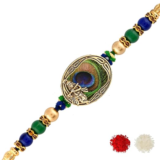 VOYLLA Peacock Feather Beaded Single Rakhi with Roli Chawal Pack -Rakhi For Brother