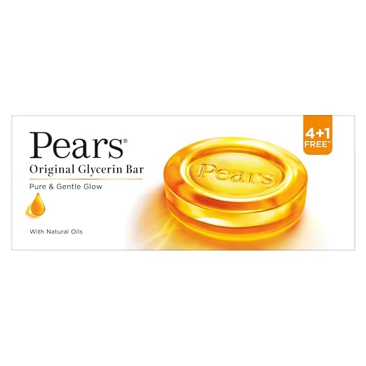 Pears Original Glycerin Soap Bar - Pure & Gentle Glow | With 98% Pure Glycerin | For Hydration & Glow | With Plant Based Cleanser for Skin & Body | Paraben-free | 125gms x 5