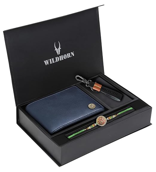 WildHorn Rakhi Gift Hamper For Brother - Classic Men's Combo/Gift Set Of Leather Wallet, Keyring And Rakhi For Brother/Bhaiya.,Blue