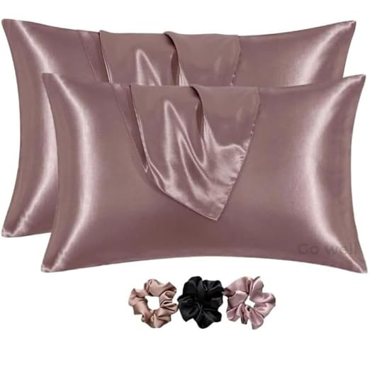 GO WELL Solid Satin Silk Pillow Covers Pack of 2 for Hair and Skin-with Satin Scrunchies |Satin Pillow coves for Hair and Skin|scrunchies