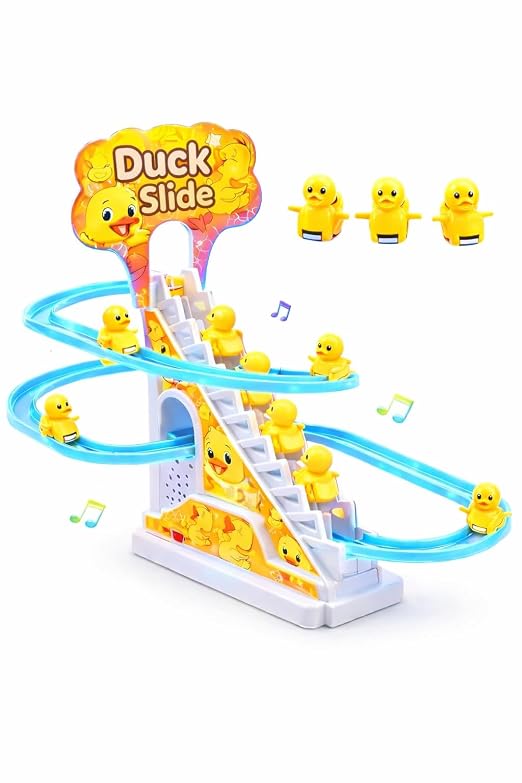 TEC TAVAKKAL Duck Slide Toy Set, Funny Automatic Stair-Climbing Ducklings Cartoon Race Track Set Duck Roller Coaster Escalator Toy with