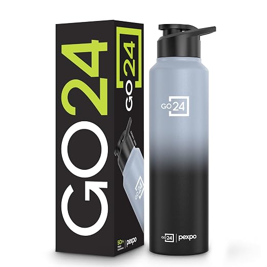 Go24 pexpo Stainless Steel Water Bottle Craft Grey-Knight Black Ombre 950ml | Sipper Cap Lightweight single-wall water bottle with