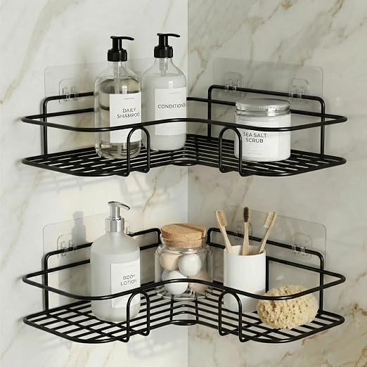 DALUCI Set of 2 Metal Bathroom Corner Shelf Rack | No Drilling Self Adhesive Wall Mounted Storage Organizer for Bathroom & Kitchen |
