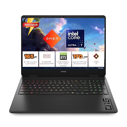 HP Omen 16, Intel Core Ultra 7 255H, 8GB RTX 5050, 24GB DDR5(Upgradeable) 1TB SSD, 2K IPS 165Hz 400 nits, 3ms RT, 16''/40.6cm, Win11