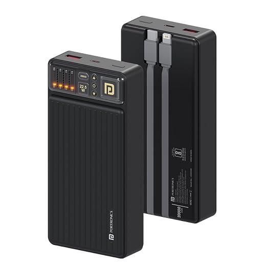 Portronics Luxcell Bind 20k 20000mAh Powerbank with 22.5W Fast Charging, in-Built Type C PD / 8 Pin Cable, LED Indicator (Black)