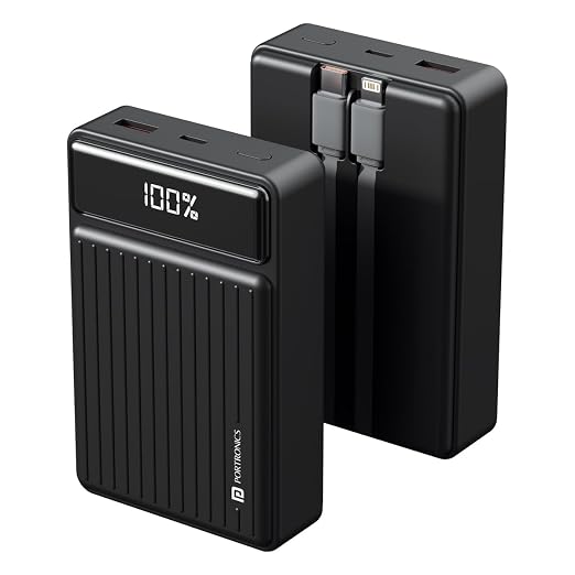 Portronics Luxcell Bind Mini 20k 20000mAh Powerbank with 22.5W Fast Charging, in-Built Type C PD / 8 Pin Cable, LED Display