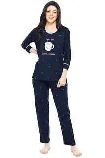 ZEYO Night Suit for Women, Printed Cotton Night Dress Top and Pajama Set