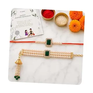 I Jewels Kundan & Pearl Bhaiya Bhabhi Lumba Rakhi Bracelet Combo Set With Roli Chawal & Rakshabandhan Card (R010-CO)