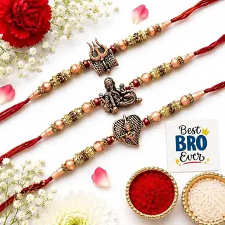 eCraftIndia Set of 3 Red & Golden Trishul with Damru, Lord Ganesha, & Lord Krishna Playing Flute Religious Rakhis with Roli Chawal Pack and Best Bro Ever Fridge Magnet