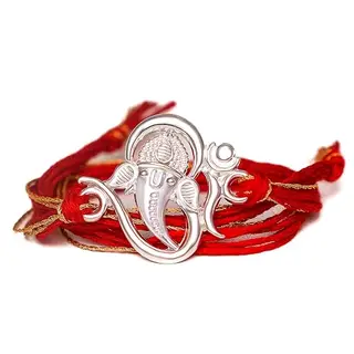 Milan Jewellers 99.5% Fine Silver OM Design rakhi for brother with Kumkum Chawal