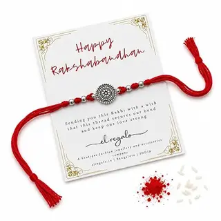 El Regalo 1PC Simple Red Thread Rakhi for Brother- Minimalist Antique German Silver Charm Rakhi with Roli Chawal, Rakhi Message Card