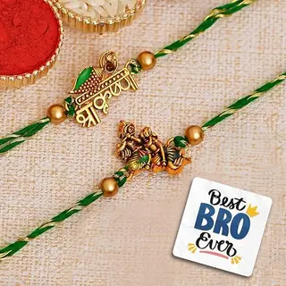 eCraftIndia Set of 2 Green & Golden Shri Krishna and Radha Krishna Playing Flute Designer Religious Rakhis, Best Bro Ever Fridge Magnet with Roli Chawal Pack - Rakhi for Brother, Bhaiya, Bhai