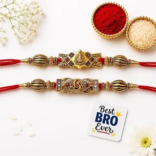 eCraftIndia Set of 2 Lord Ganesha and Om Religious Rakhis, Best Bro Ever Fridge Magnet with Roli Chawal Pack - Rakhi for Brother, Bhaiya, Bhai