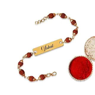 FOTIXO ART GIFTS Customise & Personalized Rudraksha Rakhi Bracelet with Name Spiritual Raksha Bandhan for brother bhaiya bhai bhabi bro Gift, Gold-Plated