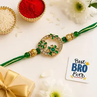 eCraftIndia Golden Green Beautiful Flowers Designer Rakhi for Brother With Gift Combo Set | Raksha Bandhan Rakhi for Bhai Bhaiya Bhabhi | Best Bro Ever Fridge Magnet | Roli Chawal Pack