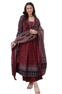 KLOSIA Women's Rayon Printed Anarkali Kurta and Pant with Dupatta Set