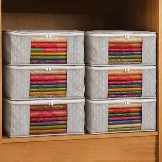 Homestrap Set of 6 Non-Woven Printed Saree Cover/Cloth Storage/Wardrobe Organizer For Clothes with Transparent Window (Grey)(Shark Tank