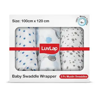 LuvLap 100% Cotton Muslin Baby Swaddle Set, Baby Towel, Size-120cm x 100cm (47"x39"), Stars Printed on White, 0-18 Month+, Printed Mulmal