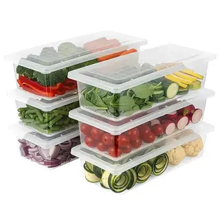 VOLTURI Fridge Storage Containers (Pack of 6), Fridge Organiser Storage Boxes with Removable Drain Plate, Fridge Organizer, Fridge Storage