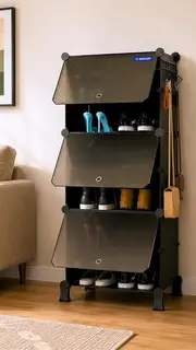 BOXJOY 6 Shelf Shoe Rack with 3 Doors, 5 Hook Steel Holder & Wooden Hammer | Shoes Stand Cabinet for Home Storage PP Plastic Organizer with