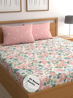 LOOMLYFE 300 TC Cotton Feel Glace Cotton Elastic Fitted Printed King Size Double Bed Bedsheet with 2 Pillow Covers Fits Upto 8 inches